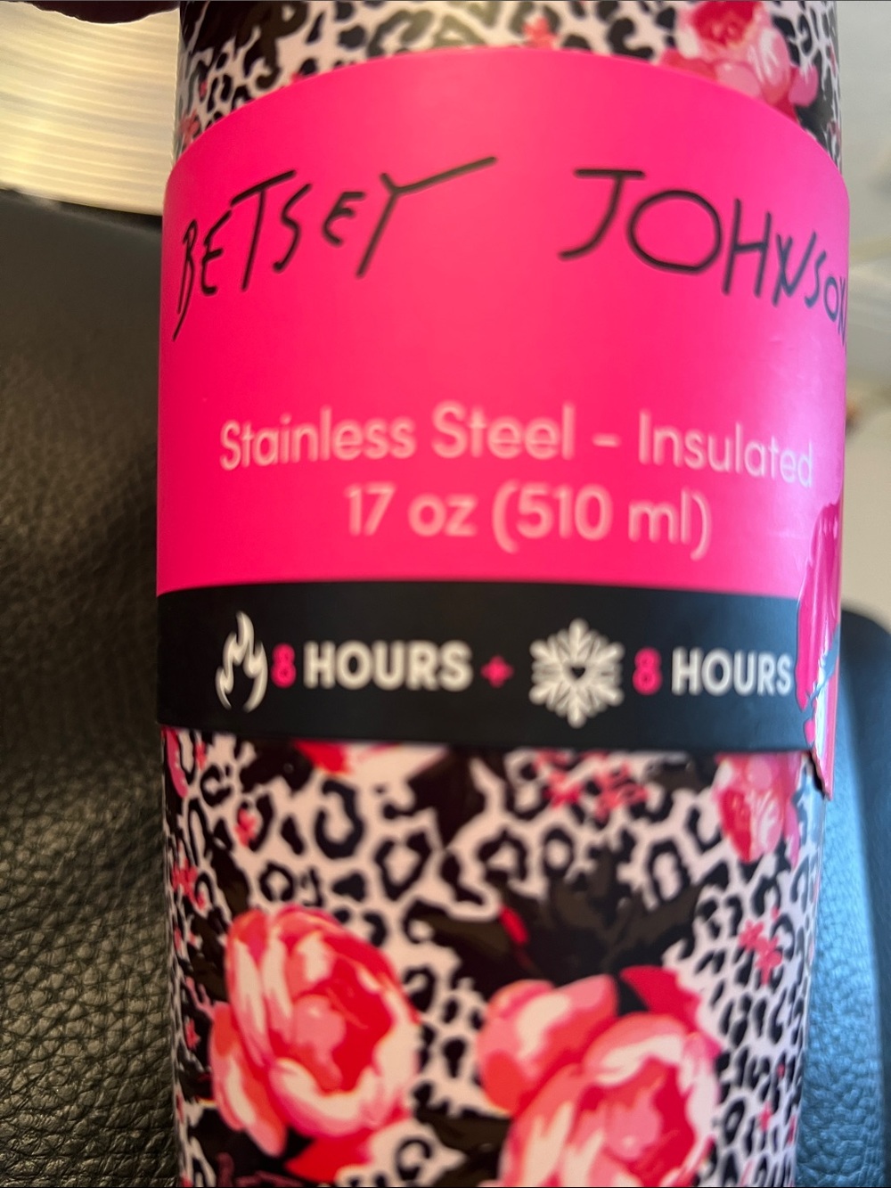 Betsey Johnson NWT Pink & Black Floral Leopard Stainless Tumbler 17 oz - Picture 3 of 5